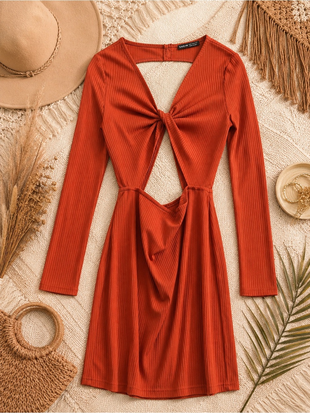 SHEIN Rust Orange Ribbed Twist Cutout Mini Dress